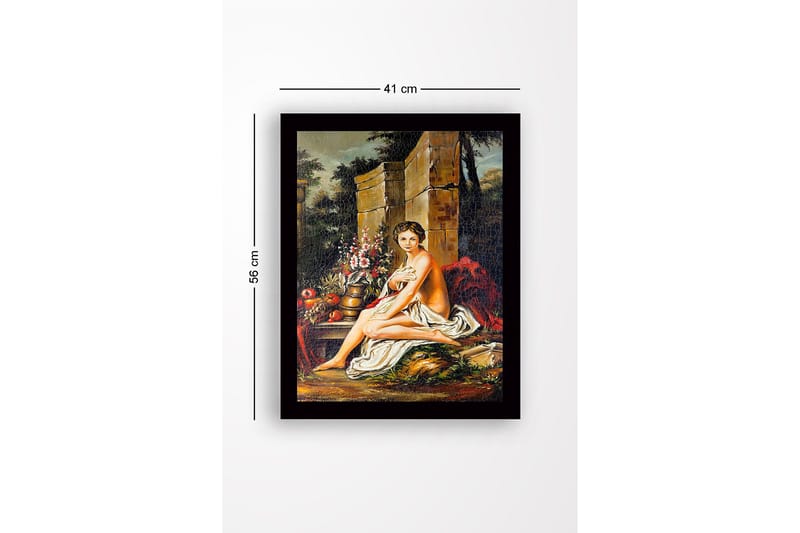 Kehystetty puucanvas - 41x56 cm - Alaston nainen istuu kukkien ja hedelmien kanssa luonnonkauniissa ympäristössä - Ihonväri / Vihreä / Punainen - Sisustustuotteet - Taulu & taide