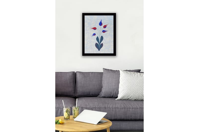 Kehystetty puutaulu canvasille - 41x56 cm - Värikäs kukkakimppu tyylitellyillä nuppuilla - Punainen / Sininen / Vihreä - Sisustustuotteet - Taulu & taide