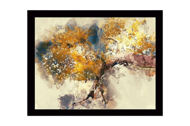 Kehystetty puutaulu canvasille - 41x56 cm - Suuri puu kultaisilla lehdillä, Kulta / Sininen / Ruskea