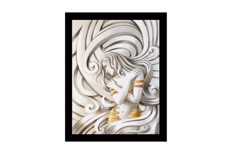 Kehystetty puutaulu canvasille - 41x56 cm - Elegantti nainen huojuvien linjojen ympäröimänä, Valkoinen / Kulta / Harmaa