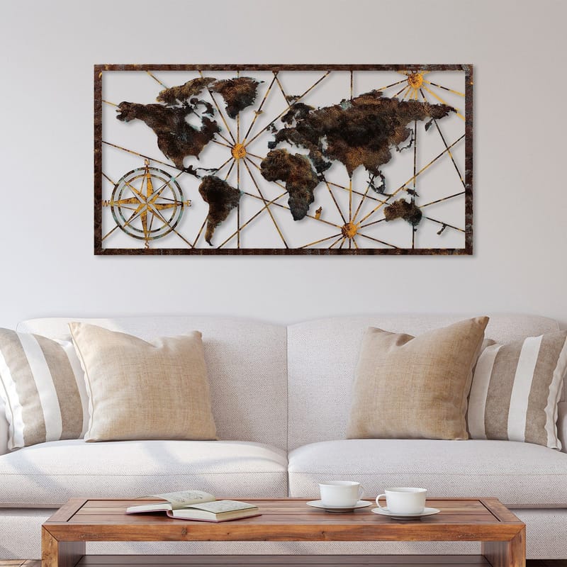 Koristeellinen metallinen seinäkoriste Wallxpert Maailmankarttakehys (120 x 60 cm) Musta - Sisustustuotteet - Taulu & taide - Juliste