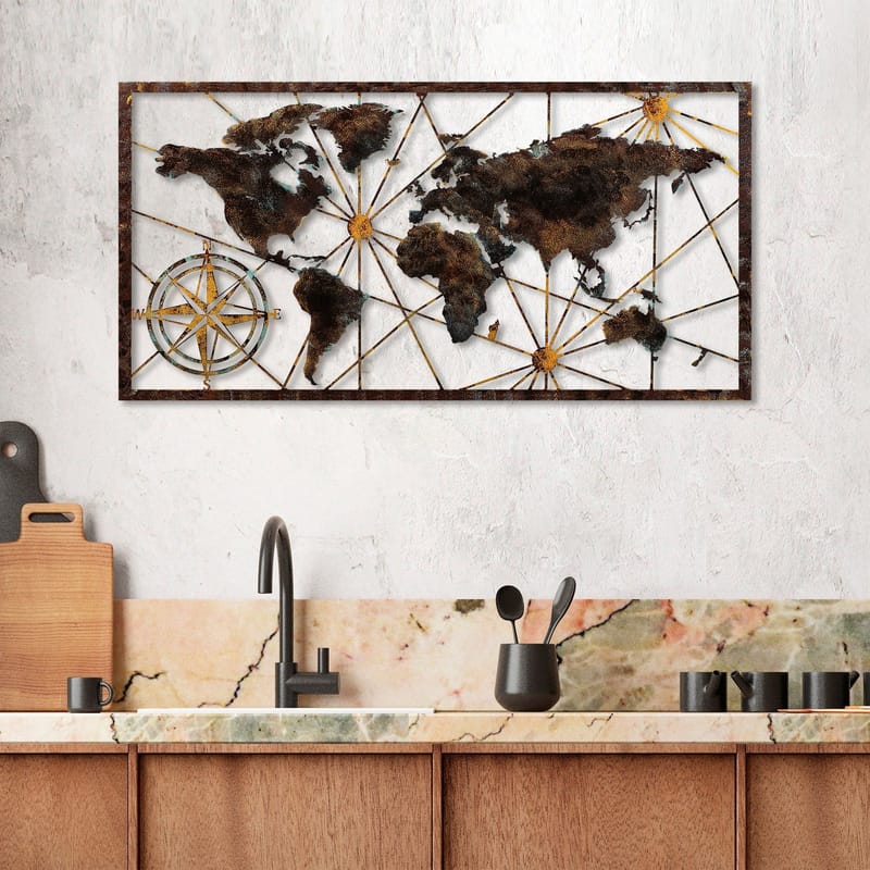 Koristeellinen metallinen seinäkoriste Wallxpert Maailmankarttakehys (120 x 60 cm) Musta - Sisustustuotteet - Taulu & taide - Juliste