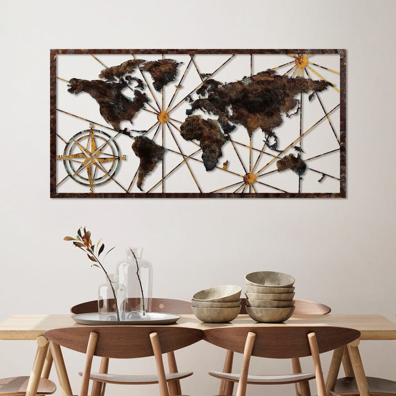 Koristeellinen metallinen seinäkoriste Wallxpert Maailmankarttakehys (120 x 60 cm) Musta - Sisustustuotteet - Taulu & taide - Juliste