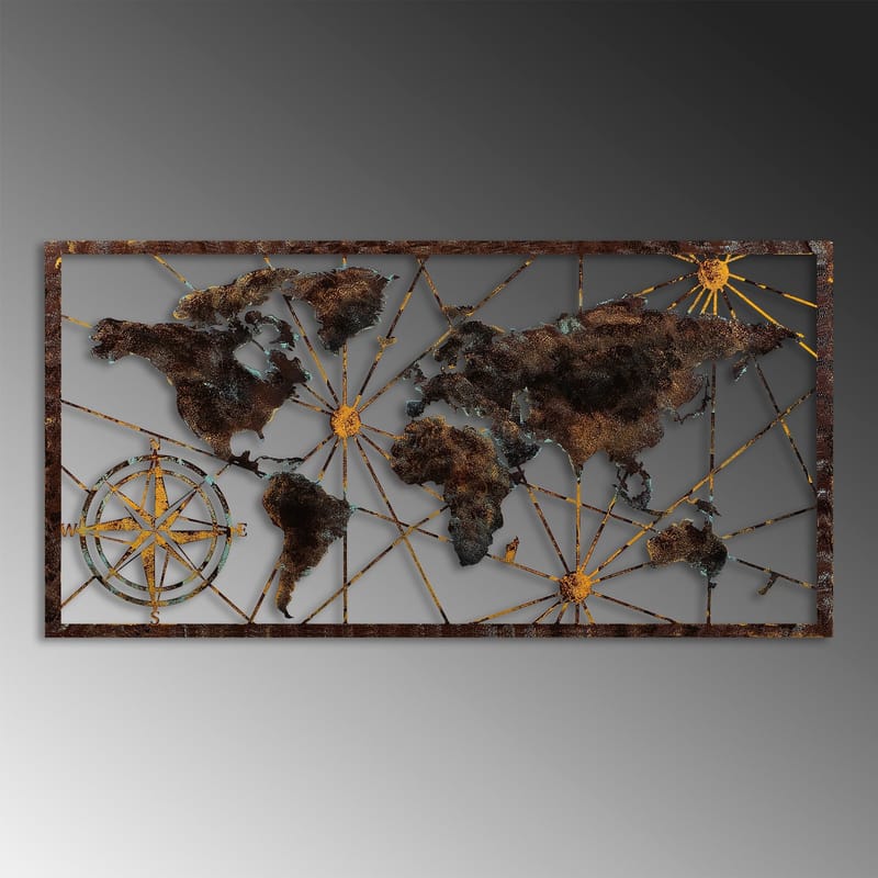 Koristeellinen metallinen seinäkoriste Wallxpert Maailmankarttakehys (120 x 60 cm) Musta - Sisustustuotteet - Taulu & taide - Juliste