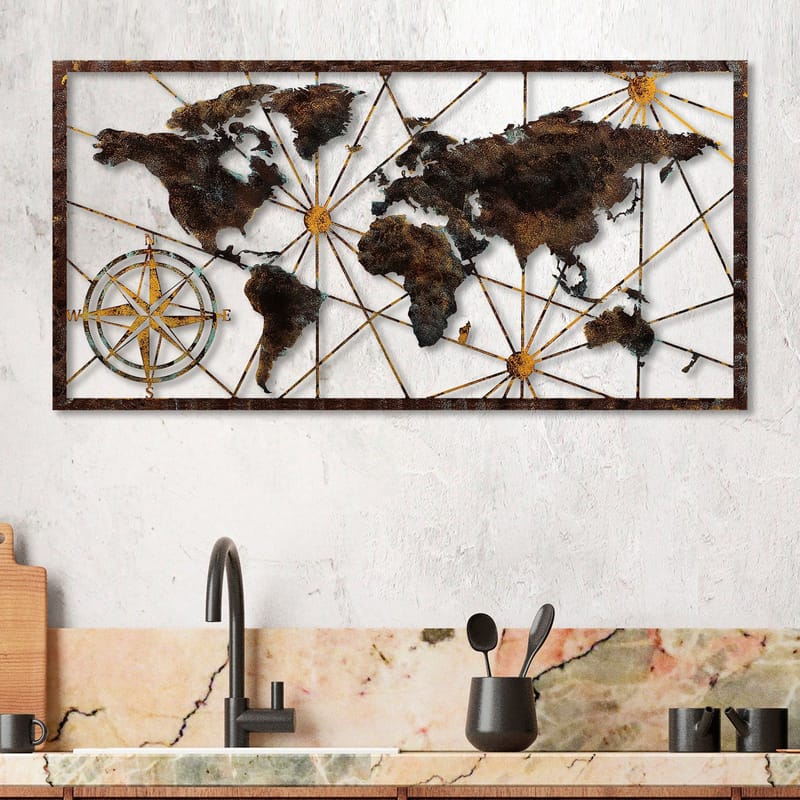 Koristeellinen metallinen seinäkoriste Wallxpert Maailmankarttakehys (120 x 60 cm) Musta - Sisustustuotteet - Taulu & taide - Juliste