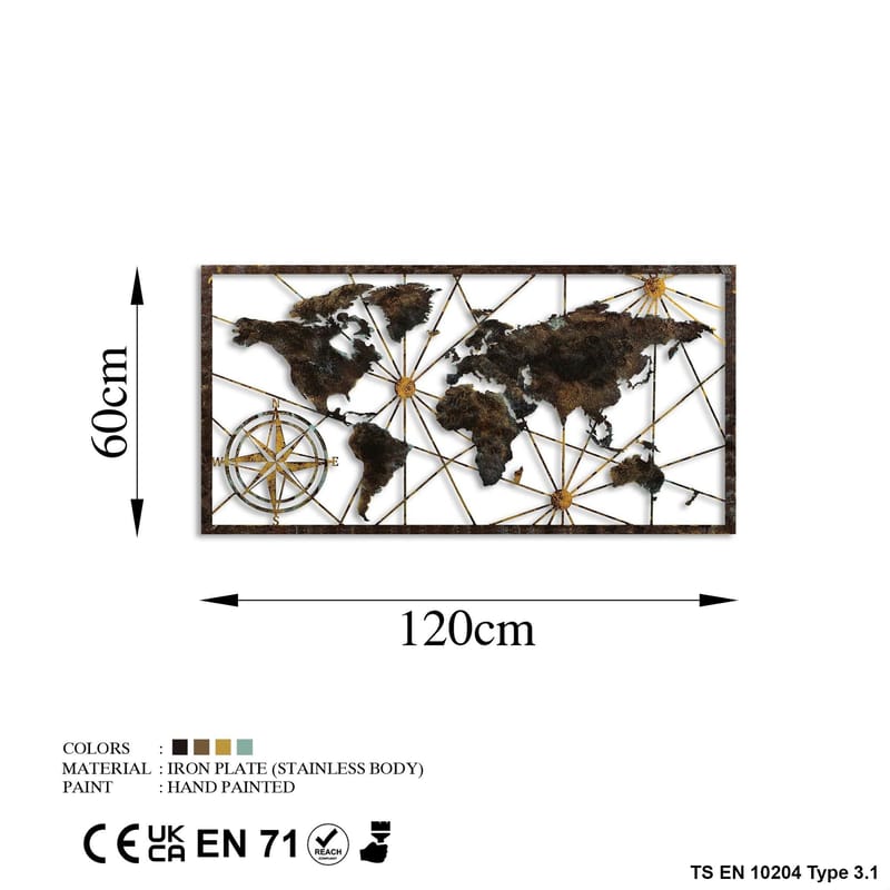 Koristeellinen metallinen seinäkoriste Wallxpert Maailmankarttakehys (120 x 60 cm) Musta - Sisustustuotteet - Taulu & taide - Juliste