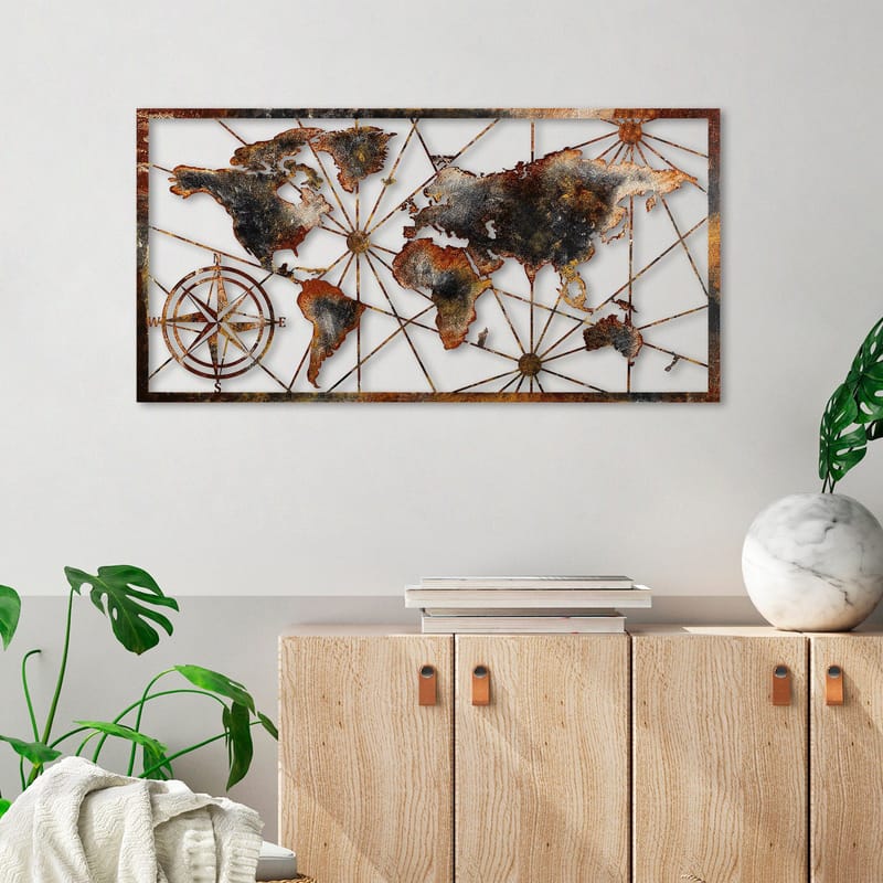 Koristeellinen metallinen seinäkoriste Wallxpert Maailmankarttakehys (120 x 60 cm) Ruskea - Sisustustuotteet - Taulu & taide - Juliste