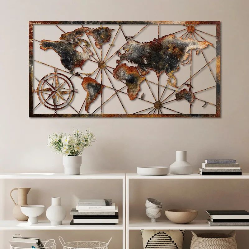 Koristeellinen metallinen seinäkoriste Wallxpert Maailmankarttakehys (120 x 60 cm) Ruskea - Sisustustuotteet - Taulu & taide - Juliste
