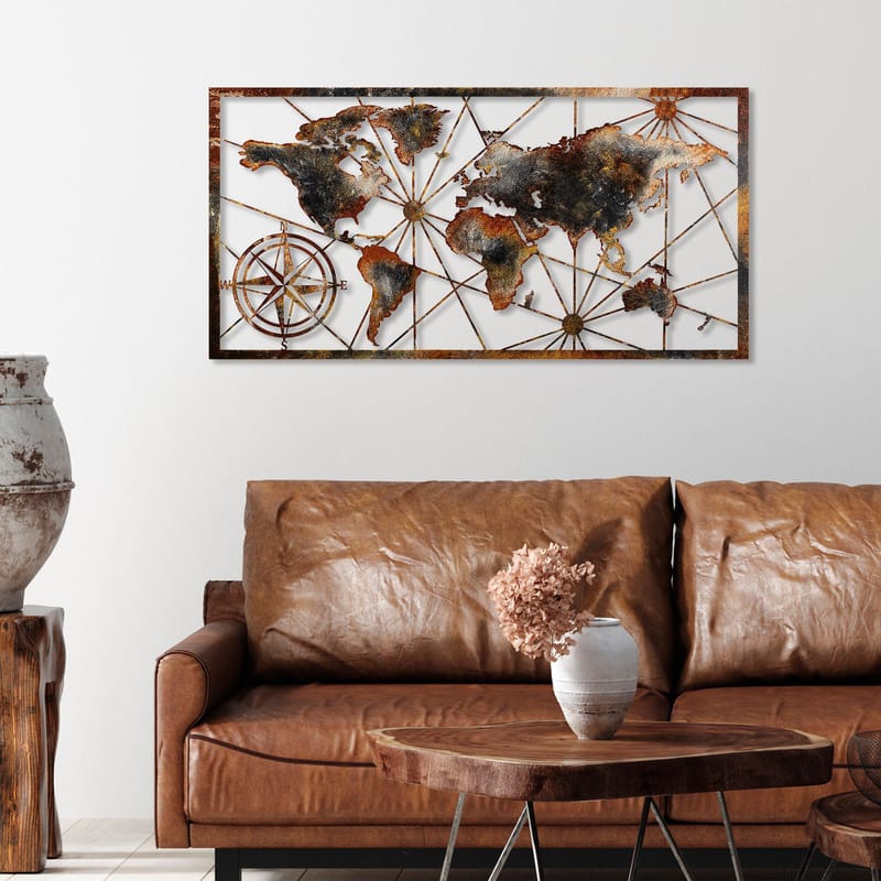 Koristeellinen metallinen seinäkoriste Wallxpert Maailmankarttakehys (120 x 60 cm) Ruskea - Sisustustuotteet - Taulu & taide - Juliste