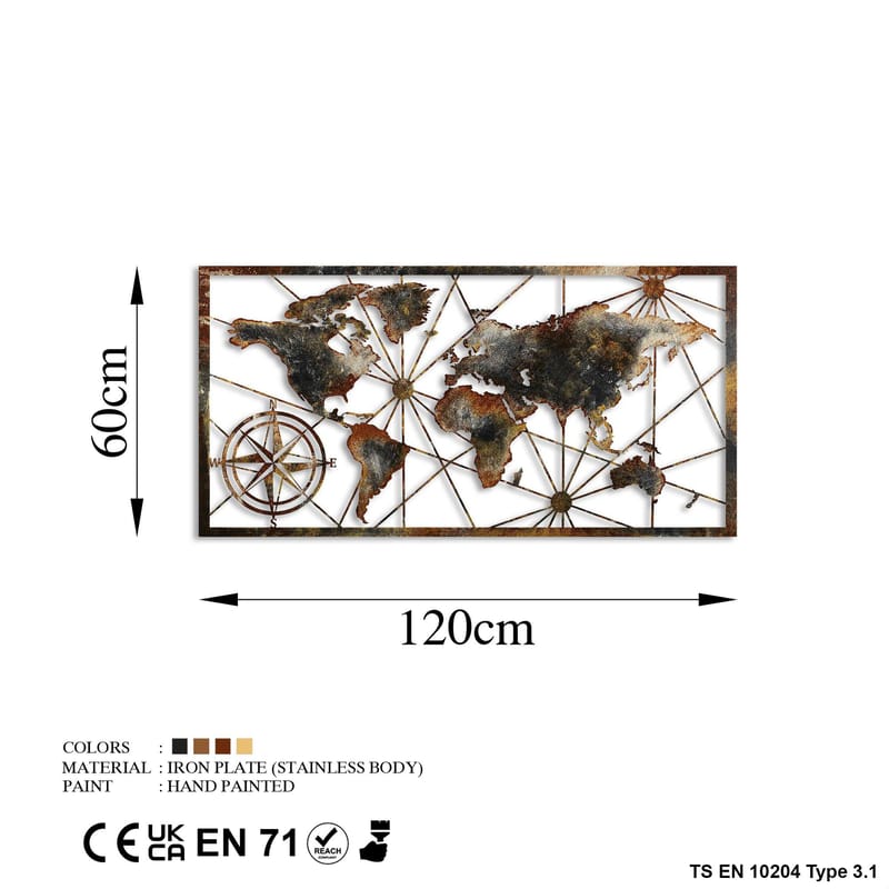 Koristeellinen metallinen seinäkoriste Wallxpert Maailmankarttakehys (120 x 60 cm) Ruskea - Sisustustuotteet - Taulu & taide - Juliste