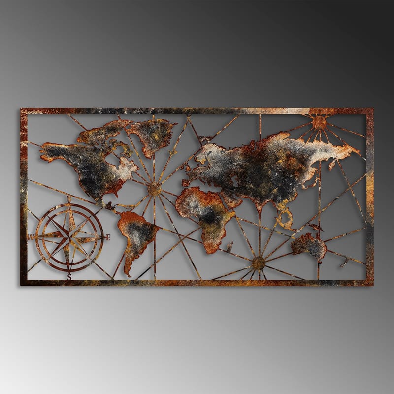 Koristeellinen metallinen seinäkoriste Wallxpert Maailmankarttakehys (120 x 60 cm) Ruskea - Sisustustuotteet - Taulu & taide - Juliste