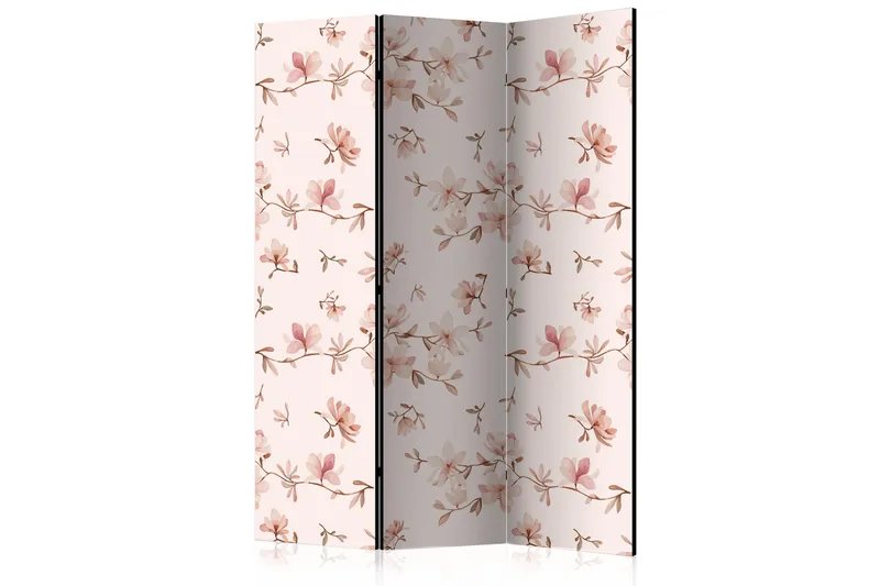 Kadira taitettava tilanjakaja 135x172 cm magnoliankukilla kangasta, Beige|Vaaleanpunainen