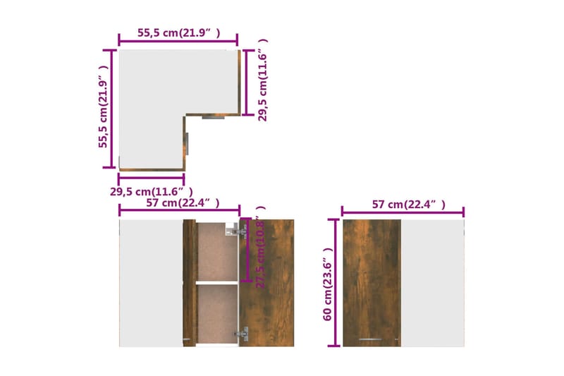 beBasic Riippuva kulmakaappi savutammi 57x57x60 cm tekninen puu - Ruskea - Keittiökaappi - Säilytyskaappi