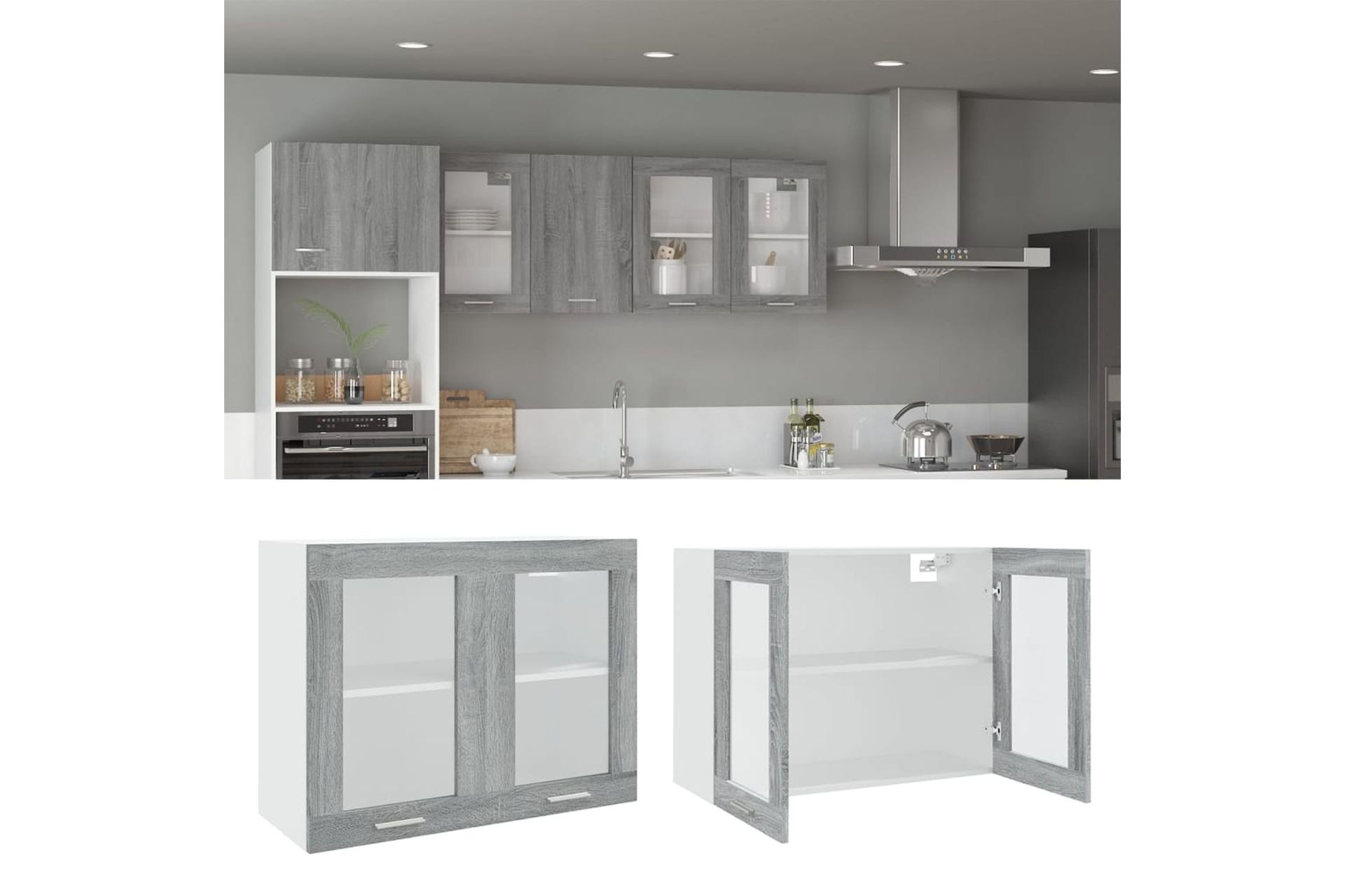 beBasic Riippuva lasikaappi harmaa Sonoma 80x31x60 cm tekninen puu - Harmaa - Talo & remontointi - Keittiö & kylpyhuone - Keittiö & kodinhoitohuone - Keittiön sisustus - Keittiökaappi