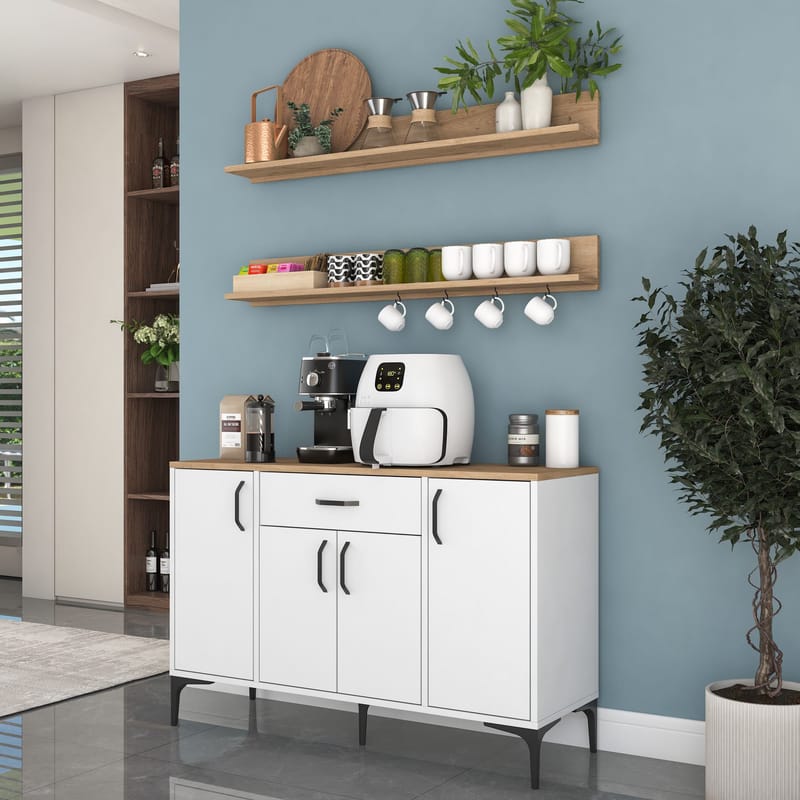 Monitoimikaappi Wallxpert Isla Shelf (120 x 78,6 x 40 cm) valkoinen pähkinä - Valkoinen ja pähkinä - Talo & remontointi - Keittiö & kylpyhuone - Keittiö & kodinhoitohuone - Keittiön sisustus - Keittiökaappi