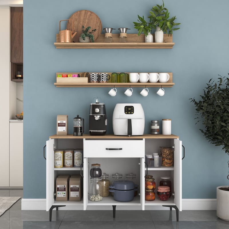 Monitoimikaappi Wallxpert Isla Shelf (120 x 78,6 x 40 cm) valkoinen pähkinä - Valkoinen ja pähkinä - Talo & remontointi - Keittiö & kylpyhuone - Keittiö & kodinhoitohuone - Keittiön sisustus - Keittiökaappi