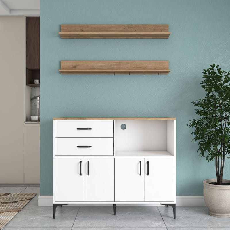 Monitoimikaappi Wallxpert Juna (120 x 98,8 x 40 cm) valkoinen pähkinä - Valkoinen ja pähkinä - Talo & remontointi - Keittiö & kylpyhuone - Keittiö & kodinhoitohuone - Keittiön sisustus - Keittiökaappi