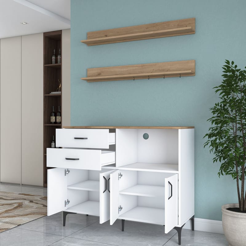 Monitoimikaappi Wallxpert Juna (120 x 98,8 x 40 cm) valkoinen pähkinä - Valkoinen ja pähkinä - Talo & remontointi - Keittiö & kylpyhuone - Keittiö & kodinhoitohuone - Keittiön sisustus - Keittiökaappi