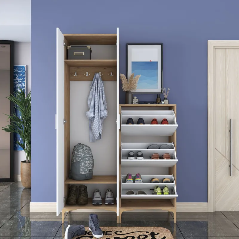 Eteiskaluste Wallxpert Dara EA148 (120 x 198,6 x 37,5 cm) pähkinä/valkoinen - Pähkinä ja valkoinen - Talo & remontointi - Keittiö & kylpyhuone - Keittiö & kodinhoitohuone - Kodinhoitohuoneen sisustus - Pyykkikaappi