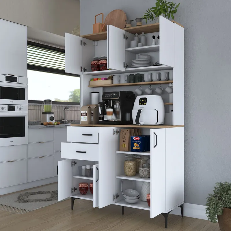 Monitoimikaappi Wallxpert Lora-hylly (120 x 204,2 x 45 cm) valkoinen/pähkinä - Valkoinen ja pähkinä - Talo & remontointi - Keittiö & kylpyhuone - Keittiö & kodinhoitohuone - Kodinhoitohuoneen sisustus - Pyykkikaappi