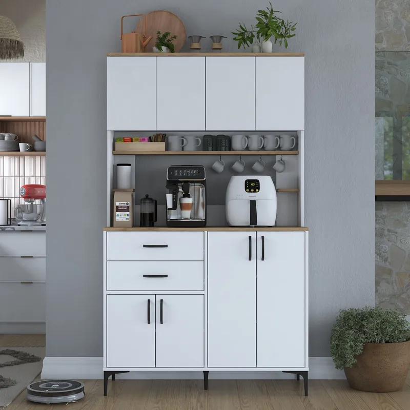 Monitoimikaappi Wallxpert Lora-hylly (120 x 204,2 x 45 cm) valkoinen/pähkinä - Valkoinen ja pähkinä - Talo & remontointi - Keittiö & kylpyhuone - Keittiö & kodinhoitohuone - Kodinhoitohuoneen sisustus - Pyykkikaappi