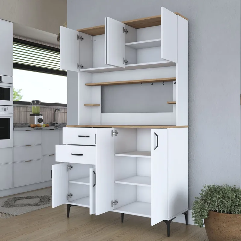 Monitoimikaappi Wallxpert Lora-hylly (120 x 204,2 x 45 cm) valkoinen/pähkinä - Valkoinen ja pähkinä - Talo & remontointi - Keittiö & kylpyhuone - Keittiö & kodinhoitohuone - Kodinhoitohuoneen sisustus - Pyykkikaappi