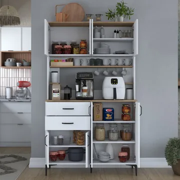 Monitoimikaappi Wallxpert Lora-hylly (120 x 204,2 x 45 cm) valkoinen/pähkinä - Valkoinen ja pähkinä - Talo & remontointi - Keittiö & kylpyhuone - Keittiö & kodinhoitohuone - Kodinhoitohuoneen sisustus - Pyykkikaappi