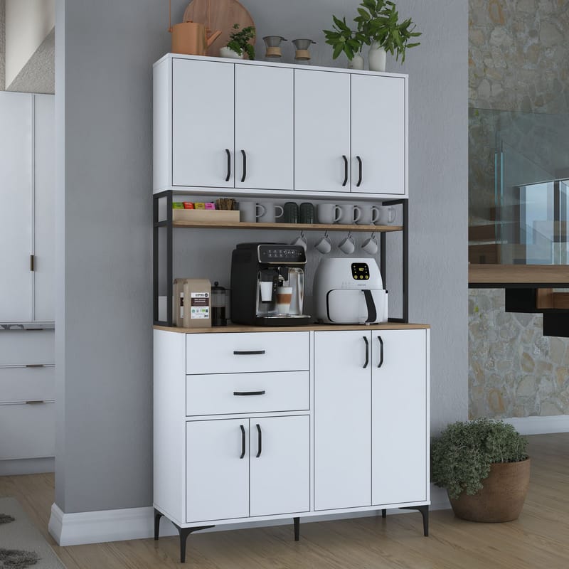 Monitoimikaappi Wallxpert Mira Shelf (120 x 218,6 x 45 cm) valkoinen pähkinä - Valkoinen ja pähkinä - Talo & remontointi - Keittiö & kylpyhuone - Keittiö & kodinhoitohuone - Kodinhoitohuoneen sisustus - Pyykkikaappi