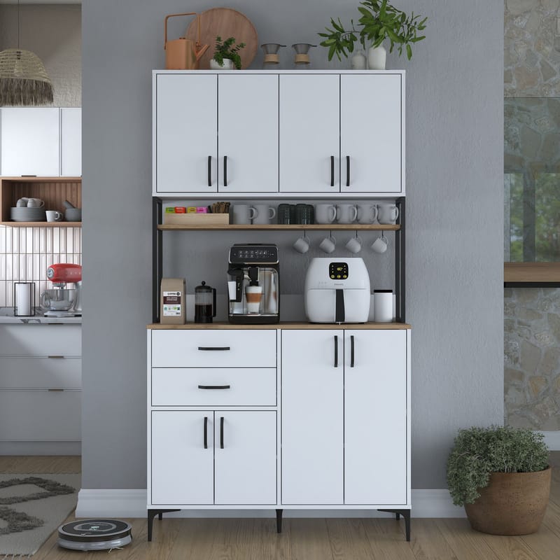 Monitoimikaappi Wallxpert Mira Shelf (120 x 218,6 x 45 cm) valkoinen pähkinä - Valkoinen ja pähkinä - Talo & remontointi - Keittiö & kylpyhuone - Keittiö & kodinhoitohuone - Kodinhoitohuoneen sisustus - Pyykkikaappi