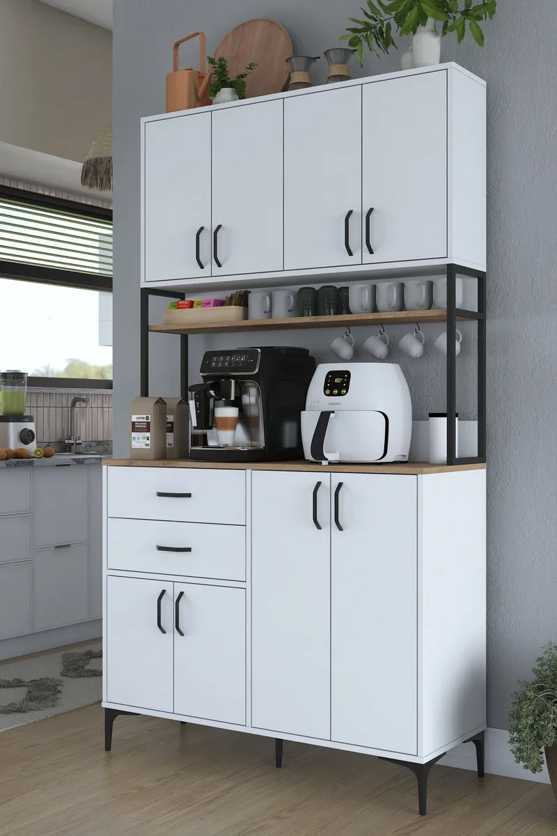 Monitoimikaappi Wallxpert Mira Shelf (120 x 218,6 x 45 cm) valkoinen pähkinä - Valkoinen ja pähkinä - Talo & remontointi - Keittiö & kylpyhuone - Keittiö & kodinhoitohuone - Kodinhoitohuoneen sisustus - Pyykkikaappi