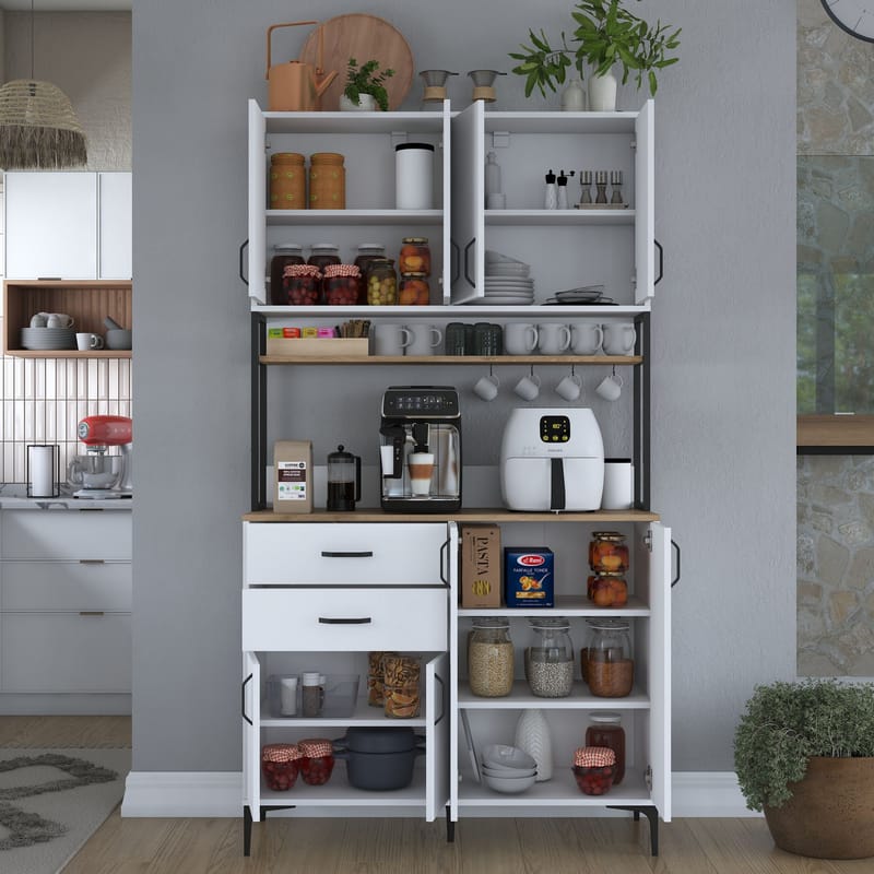 Monitoimikaappi Wallxpert Mira Shelf (120 x 218,6 x 45 cm) valkoinen pähkinä - Valkoinen ja pähkinä - Talo & remontointi - Keittiö & kylpyhuone - Keittiö & kodinhoitohuone - Kodinhoitohuoneen sisustus - Pyykkikaappi