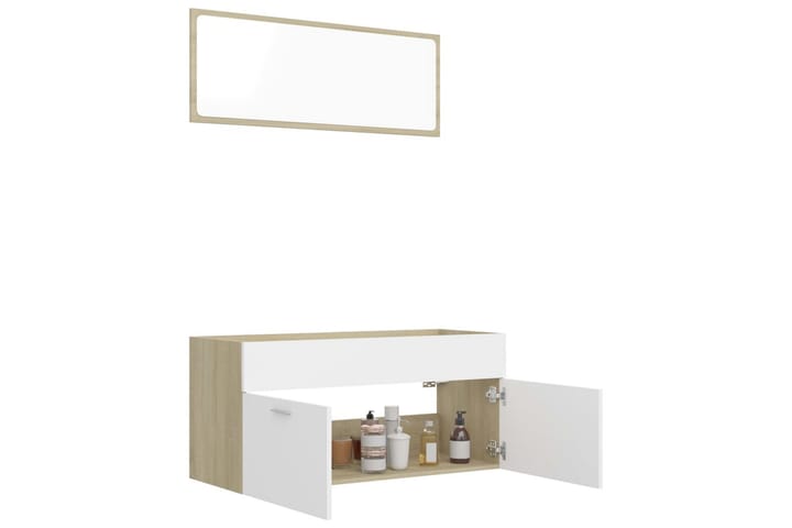2-osainen Kylpyhuoneen kalustesarja valkoinen/tammi - Beige - Kylpyhuoneekaappi valaistuksella - Seinäkaappi & korkea kaappi - Pyykkikaappi - Kylpyhuonekaapit