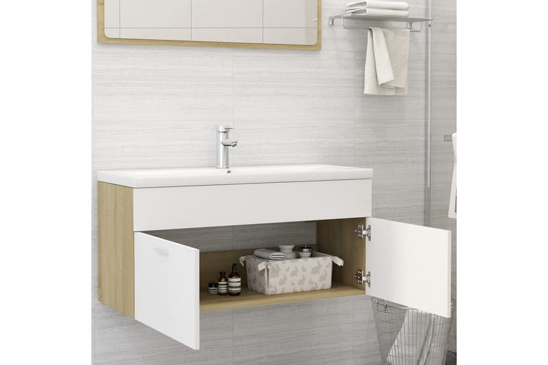Allaskaappi valkoinen ja Sonoma-tammi 100x38,5x46 cm - Beige - Talo & remontointi - Keittiö & kylpyhuone - Kylpyhuone - Kylpyhuonekalusteet - Allaskaappi