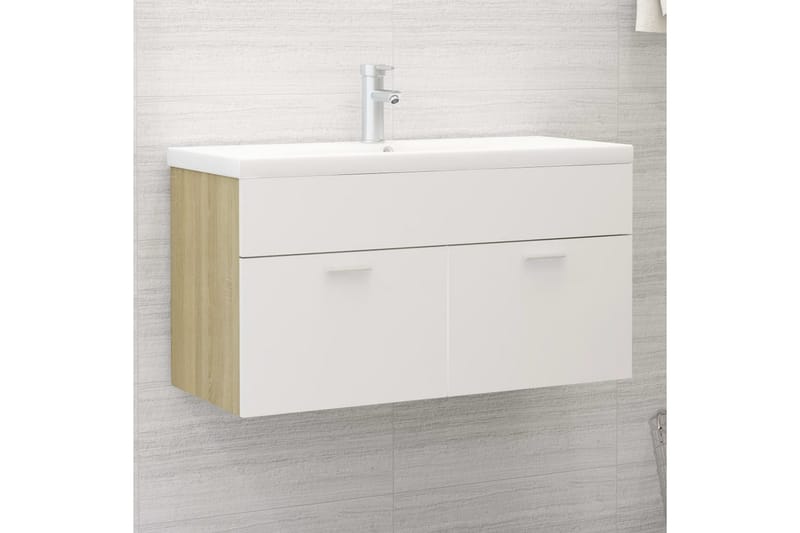 Allaskaappi valkoinen ja Sonoma-tammi 90x38,5x46 cm - Beige - Talo & remontointi - Keittiö & kylpyhuone - Kylpyhuone - Kylpyhuonekalusteet - Allaskaappi
