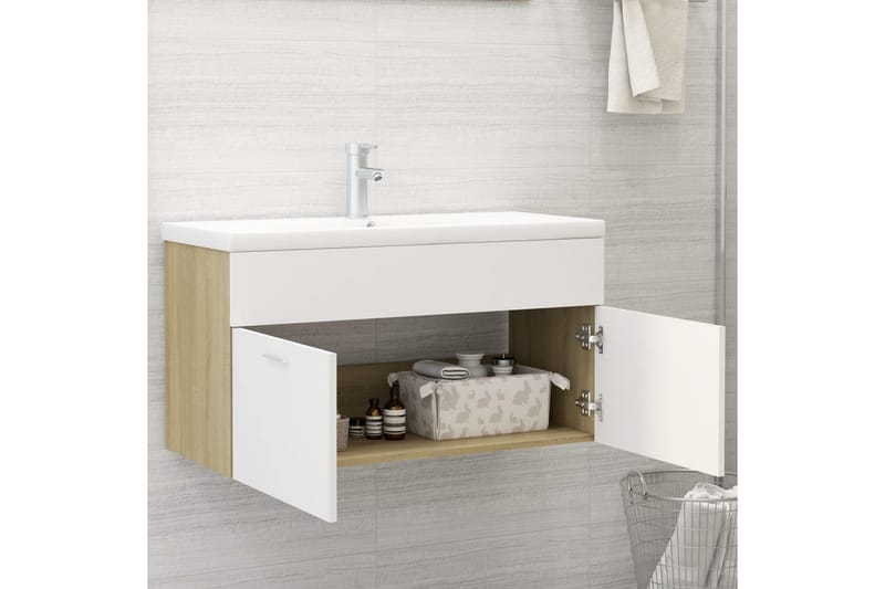 Allaskaappi valkoinen ja Sonoma-tammi 90x38,5x46 cm - Beige - Talo & remontointi - Keittiö & kylpyhuone - Kylpyhuone - Kylpyhuonekalusteet - Allaskaappi