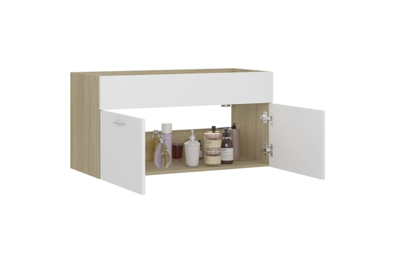 Allaskaappi valkoinen ja Sonoma-tammi 90x38,5x46 cm - Beige - Talo & remontointi - Keittiö & kylpyhuone - Kylpyhuone - Kylpyhuonekalusteet - Allaskaappi