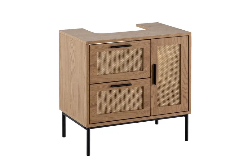 Allaskaappi Wohnling melamiinipäällystetty MDF, tammi-ilme, rottinkietuosa, metallijalat, moderni loft-tyyli 1 ovi, 3 laatikkoa, 1 ovi, 3 laatikkoa