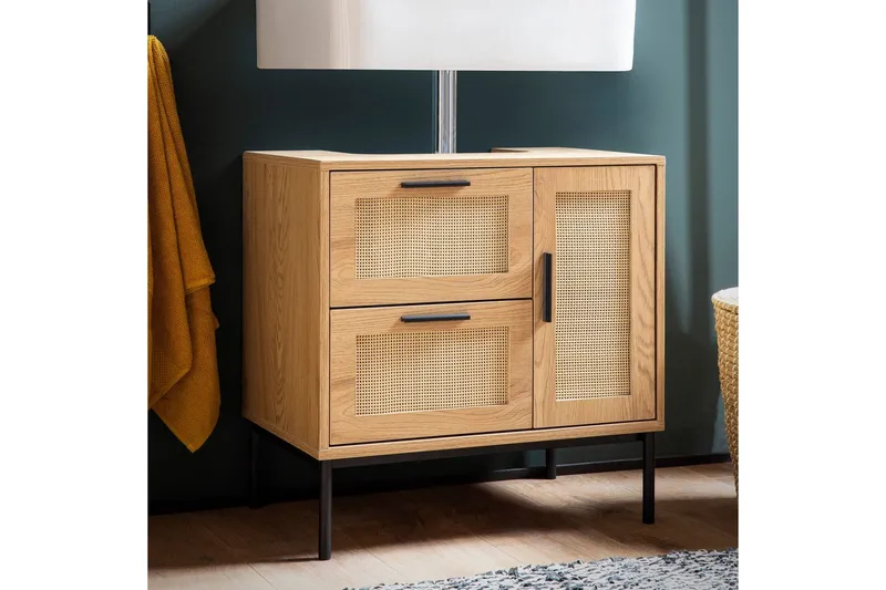 Allaskaappi Wohnling melamiinipäällystetty MDF, tammi-ilme, rottinkietuosa, metallijalat, moderni loft-tyyli 1 ovi, 3 laatikkoa - 1 ovi, 3 laatikkoa - Talo & remontointi - Keittiö & kylpyhuone - Kylpyhuone - Kylpyhuonekalusteet - Seinäkaappi & korkea kaappi