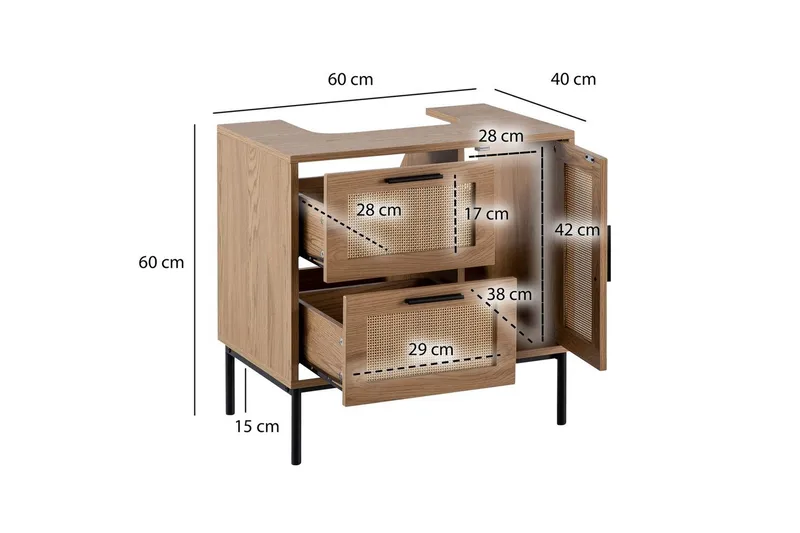 Allaskaappi Wohnling melamiinipäällystetty MDF, tammi-ilme, rottinkietuosa, metallijalat, moderni loft-tyyli 1 ovi, 3 laatikkoa - 1 ovi, 3 laatikkoa - Talo & remontointi - Keittiö & kylpyhuone - Kylpyhuone - Kylpyhuonekalusteet - Seinäkaappi & korkea kaappi