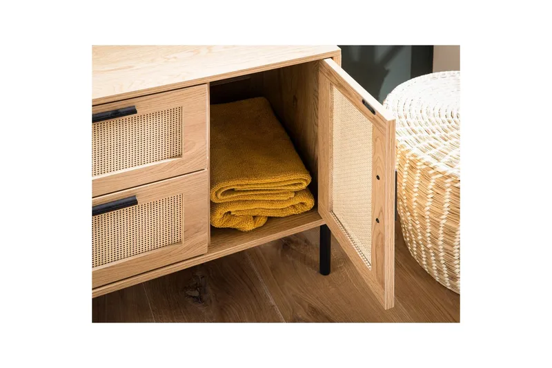 Allaskaappi Wohnling melamiinipäällystetty MDF, tammi-ilme, rottinkietuosa, metallijalat, moderni loft-tyyli 1 ovi, 3 laatikkoa - 1 ovi, 3 laatikkoa - Talo & remontointi - Keittiö & kylpyhuone - Kylpyhuone - Kylpyhuonekalusteet - Seinäkaappi & korkea kaappi