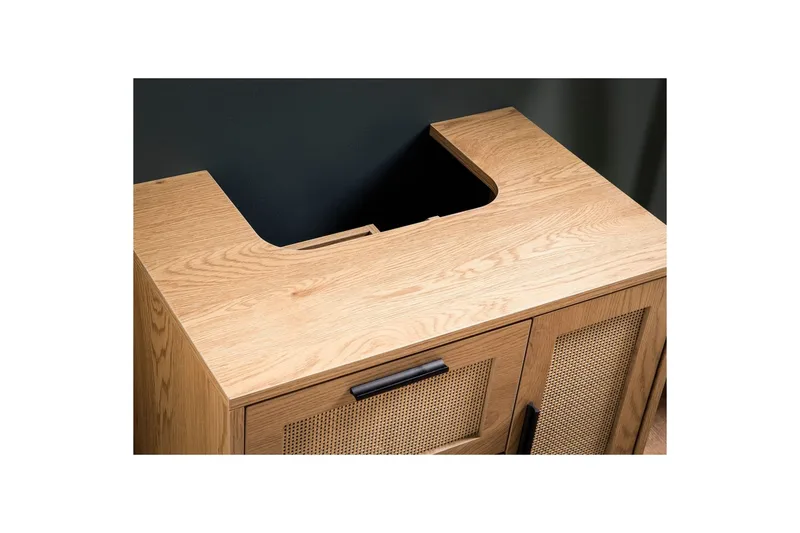 Allaskaappi Wohnling melamiinipäällystetty MDF, tammi-ilme, rottinkietuosa, metallijalat, moderni loft-tyyli 1 ovi, 3 laatikkoa - 1 ovi, 3 laatikkoa - Talo & remontointi - Keittiö & kylpyhuone - Kylpyhuone - Kylpyhuonekalusteet - Seinäkaappi & korkea kaappi