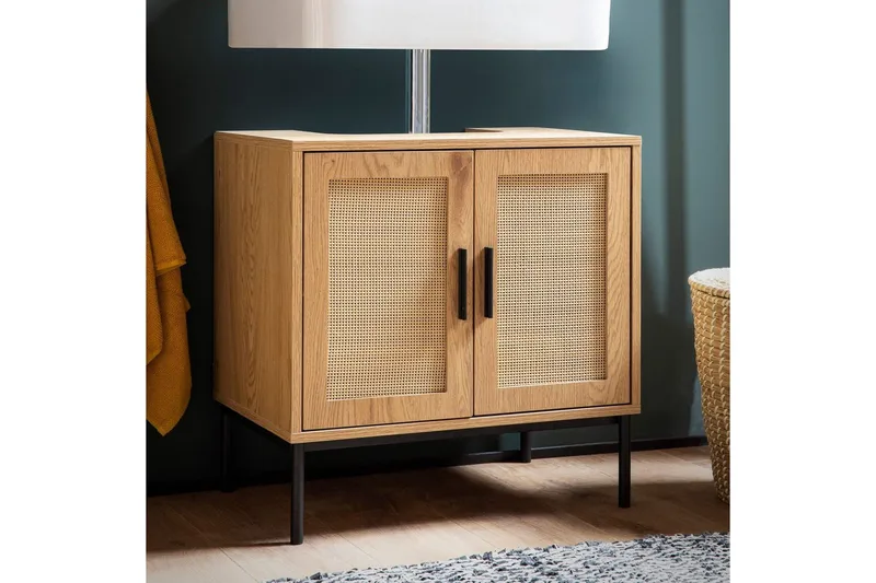 Allaskaappi Wohnling melamiinipäällystetty MDF, tammi-ilme, rottinkietuosa, metallijalat, moderni loft-tyyli 2 ovea - 2 ovea - Talo & remontointi - Keittiö & kylpyhuone - Kylpyhuone - Kylpyhuonekalusteet - Seinäkaappi & korkea kaappi