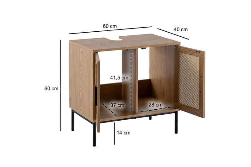 Allaskaappi Wohnling melamiinipäällystetty MDF, tammi-ilme, rottinkietuosa, metallijalat, moderni loft-tyyli 2 ovea - 2 ovea - Talo & remontointi - Keittiö & kylpyhuone - Kylpyhuone - Kylpyhuonekalusteet - Seinäkaappi & korkea kaappi