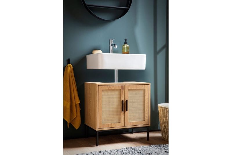 Allaskaappi Wohnling melamiinipäällystetty MDF, tammi-ilme, rottinkietuosa, metallijalat, moderni loft-tyyli 2 ovea - 2 ovea - Talo & remontointi - Keittiö & kylpyhuone - Kylpyhuone - Kylpyhuonekalusteet - Seinäkaappi & korkea kaappi