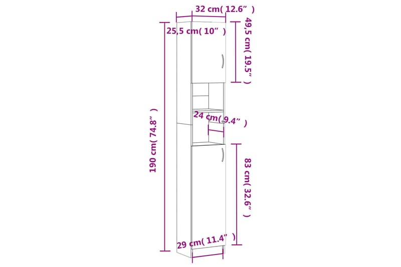 beBasic Kylpyhuoneen kaappi harmaa Sonoma 32x25,5x190 cm tekninen puu - Harmaa - Kylpyhuoneekaappi valaistuksella - Seinäkaappi & korkea kaappi - Pyykkikaappi - Kylpyhuonekaapit