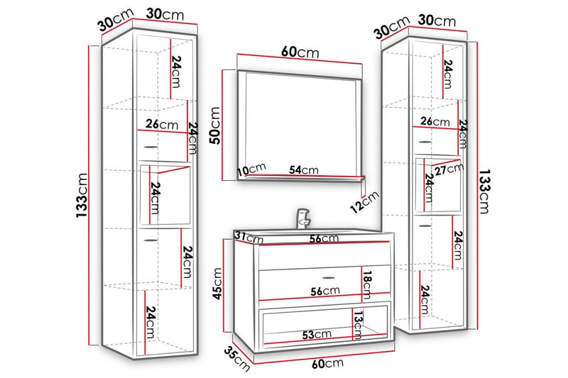 Ekomi Kylpyhuonekalustesetti 133 cm - Talo & remontointi - Keittiö & kylpyhuone - Kylpyhuone - Kylpyhuonekalusteet - Kylpyhuonekalustepaketit