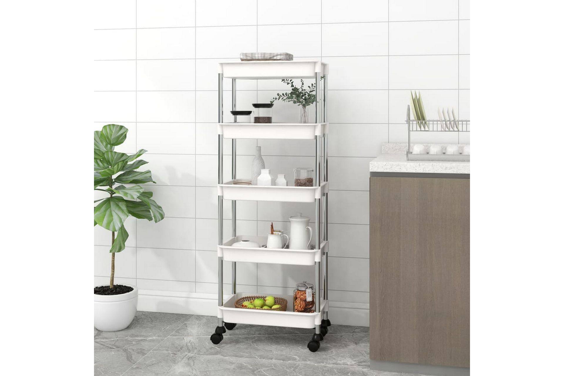 5-kerroksinen keittiövaunu valkoinen 40x22x116 cm rauta ja A - Valkoinen - Talo & remontointi - Keittiö & kylpyhuone - Kylpyhuone - Kylpyhuonekalusteet - Kärry kylpyhuoneeseen