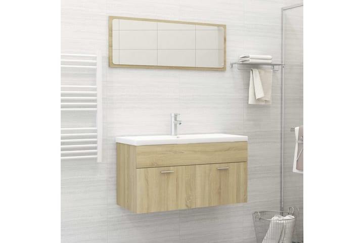 2-osainen kylpyhuoneen kalustesarja Sonoma-tammi lastulevy - Ruskea - Kylpyhuoneekaappi valaistuksella - Seinäkaappi & korkea kaappi - Pyykkikaappi - Kylpyhuonekaapit