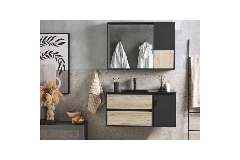 Kylpyhuonekaappi Teruel Vaalea puu, musta, 100x48x70 cm - Vaalea puu, musta, 100x48x70 cm - Talo & remontointi - Keittiö & kylpyhuone - Kylpyhuone - Kylpyhuonekalusteet - Seinäkaappi & korkea kaappi