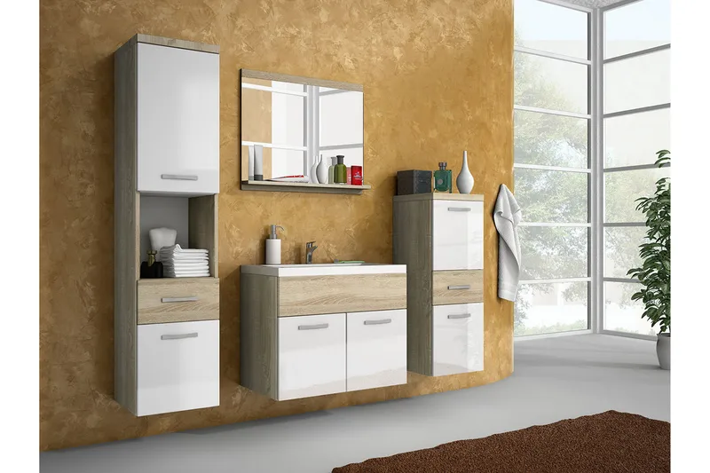 Kylpyhuonesetti Alba - Tammi/Valkoinen/Korkeakiilto - Talo & remontointi - Keittiö & kylpyhuone - Kylpyhuone - Kylpyhuonekalusteet - Kylpyhuonekalustepaketit